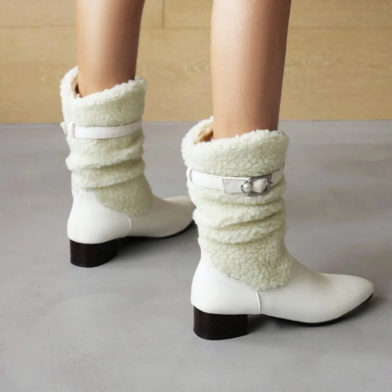 

Fashion Lamb Wool Spliced Pu Women Boots Pointed Toe Middle Barrel Boots 2022 New Winter Metal Decoration High Heel Women Shoes