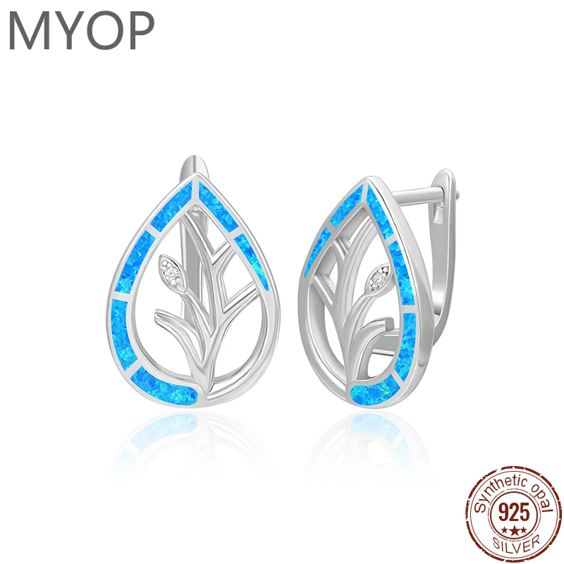 

MYOP 925 Sterling Silver Custom Logo Olive Leaf Classic Blue Synthetic Opal Earring Femal Holiday Gifts