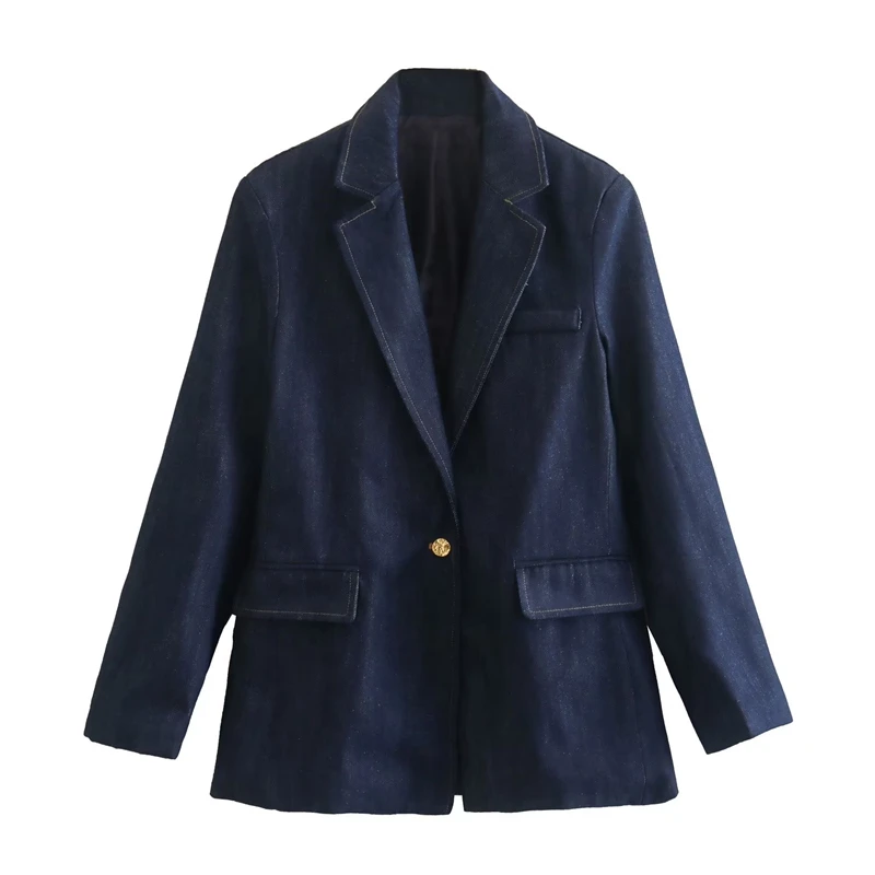 KEYANKETIAN Women's Denim Blazer High Street Casual one button loose navy blue pocket trim Denim jacket new style