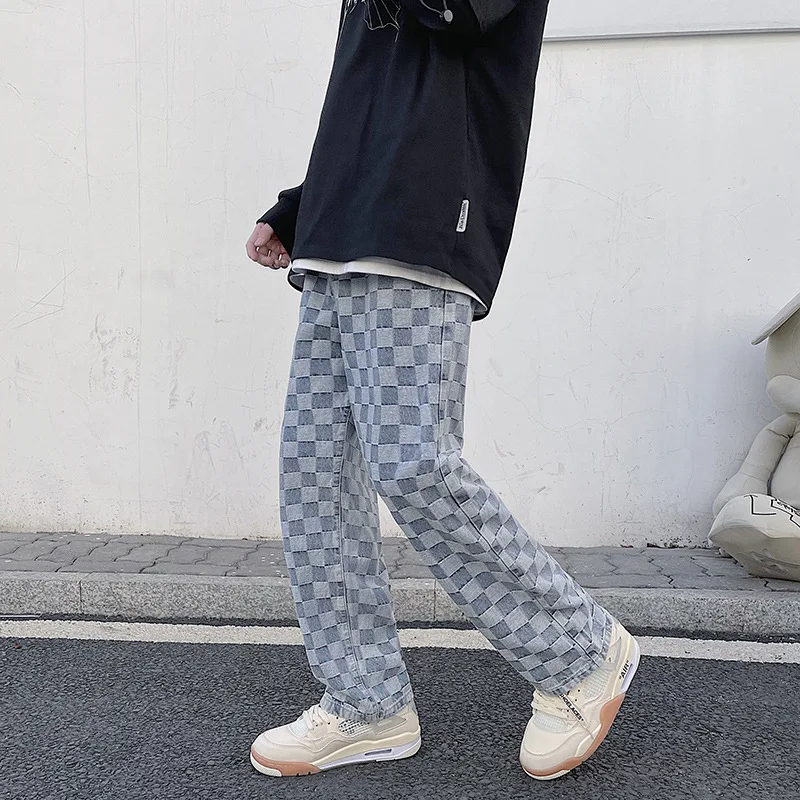 Spring new Korean fashion printed wide leg jeans men's casual jeans men's Retro street clothes loose hip hop straight men's