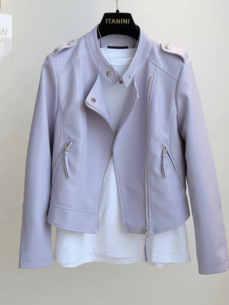 

Кожаное пальто для женщин, весна-осень, стоячий воротник, тонкий Байкерский жакет из искусственной кожи с длинными рукавами, женские облегающие короткие куртки