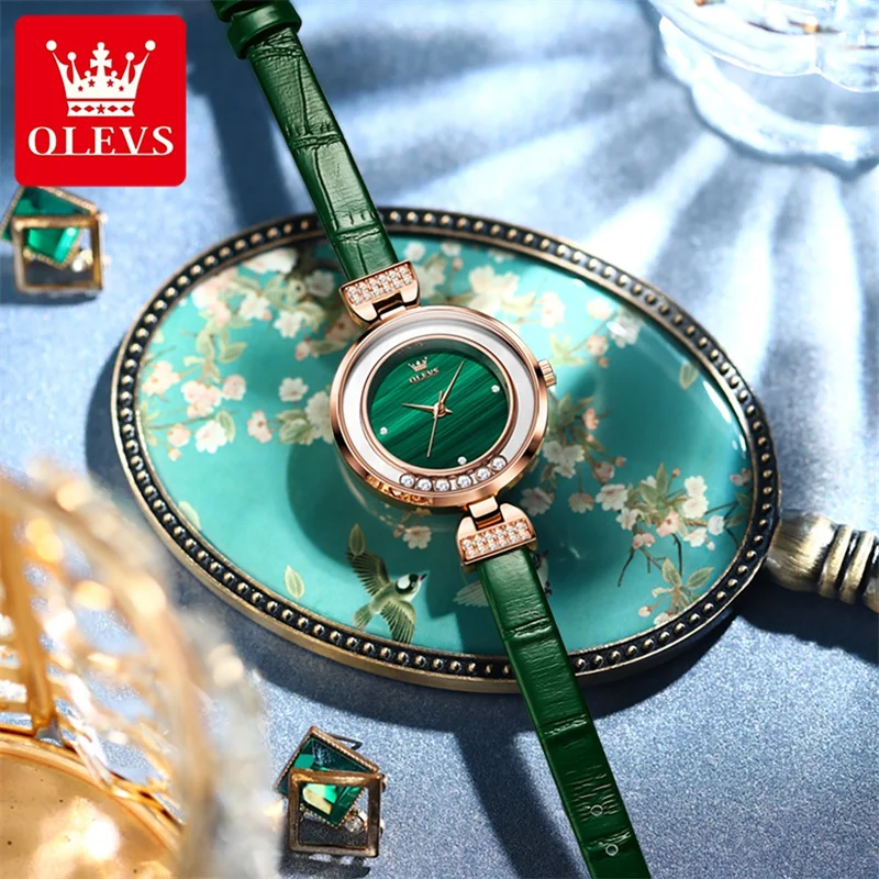 OLEVS Women's Leather Quartz Watches Fashion Design Rhinestones Clock Waterproof Wristwatch for Lady Girl Reloj Mujer enlarge