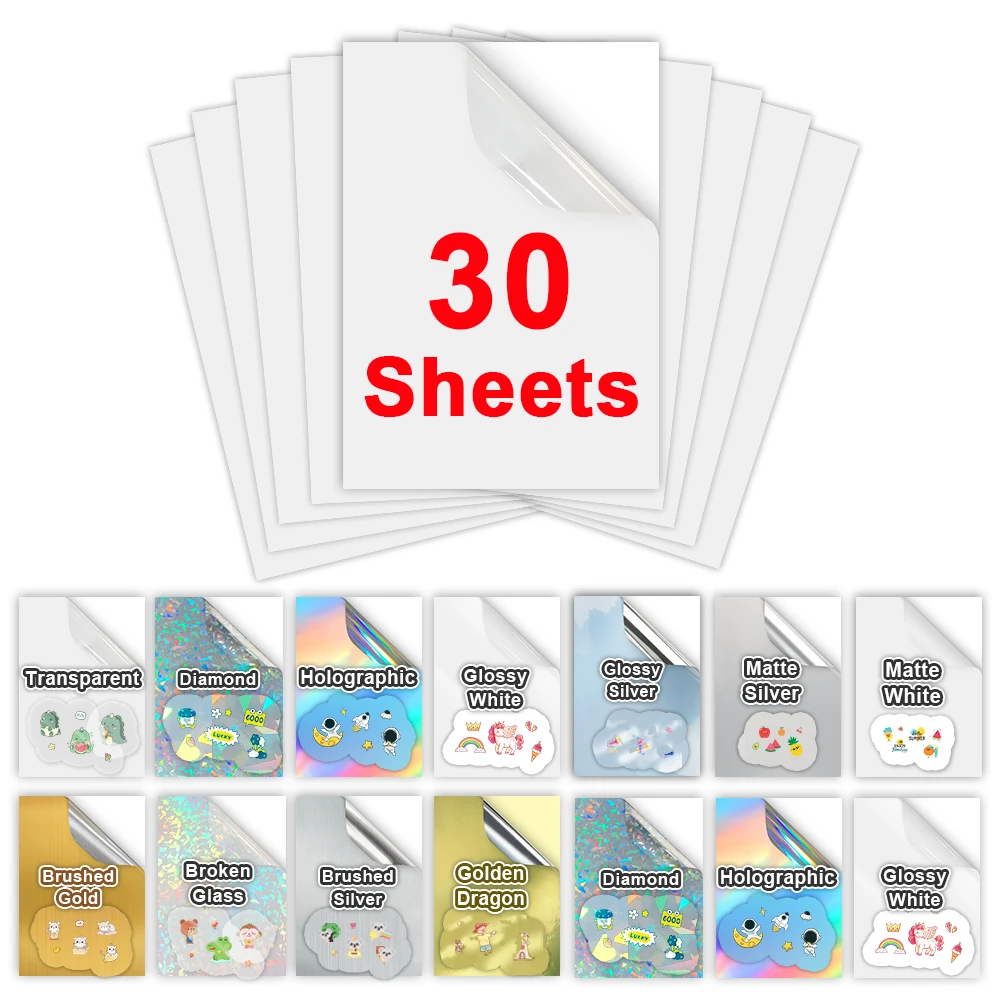 

Виниловая бумага для печати, 30 листов, прозрачная глянцевая матовая белая Водонепроницаемая самоклеящаяся копировальная бумага A4 для струйного принтера