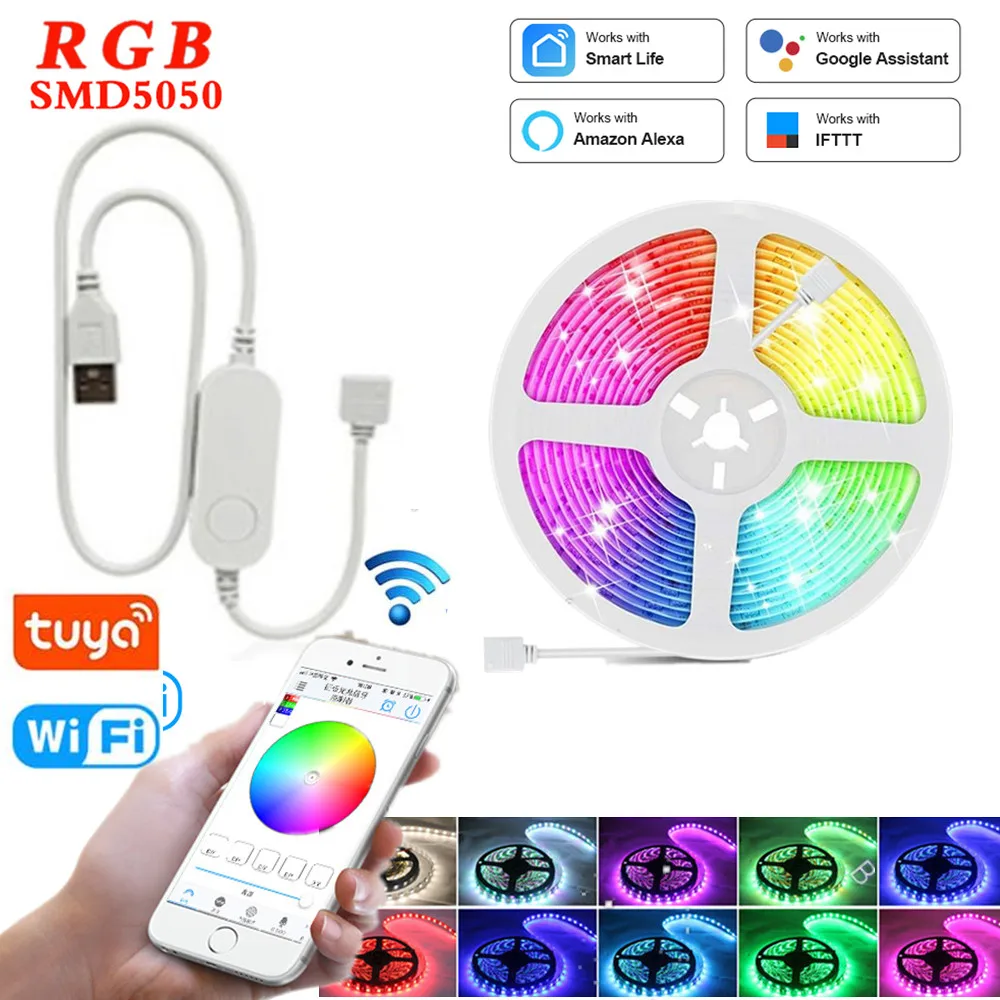 

USB Светодиодная лента Tuya Smart Wifi 1 м, 2 м, 5 м, 5 в постоянного тока, RGB 5050 SMD, гибкая светодиодная лампа, экран Google Decor, 5 в постоянного тока, подсветка...