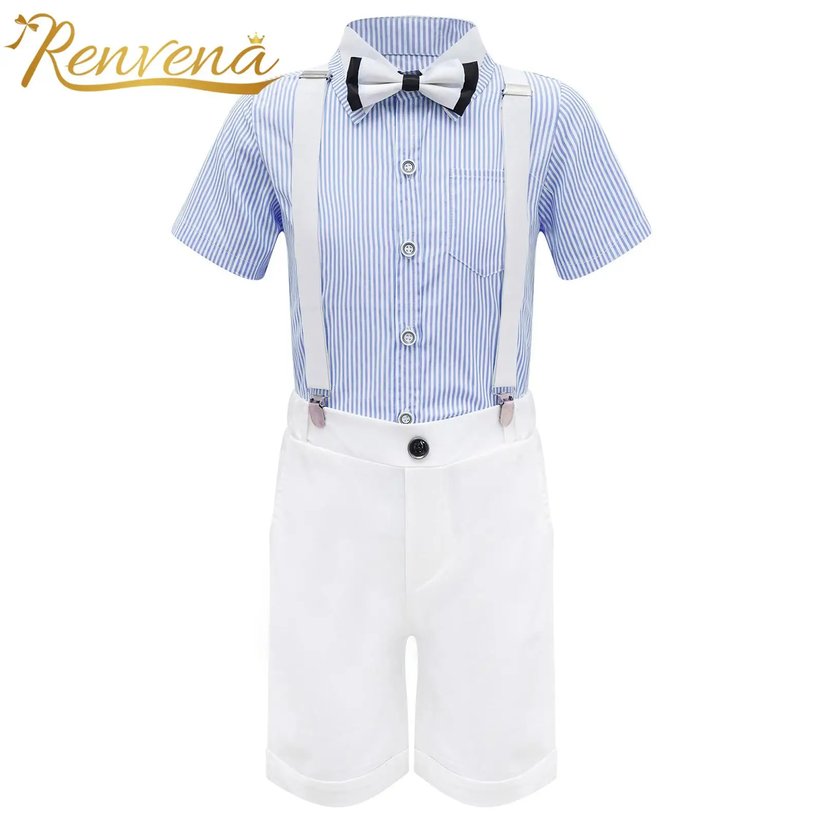 

Kids Boys Striped Gentleman Suit Short Sleeve Shirt with Suspenders Shorts Set Birthday Party Wedding Suits for Boy Christening