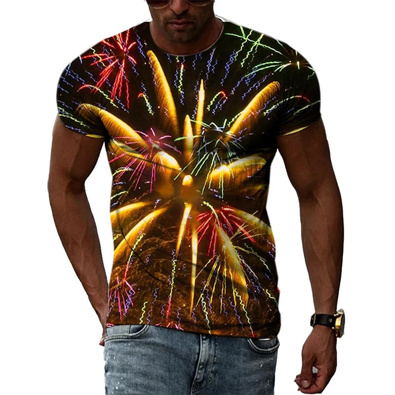 

Dazzling Color Romantic Fireworks High Definition Print Men And Women Children Versatile Charm Round Neck Short Sleeve T-Shirt