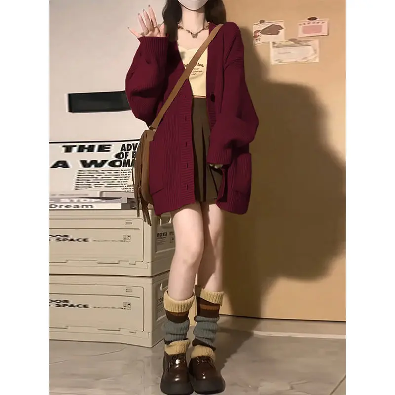 Красный вязаный кардиган женский повседневный ретро-куртка в ленивом стиле