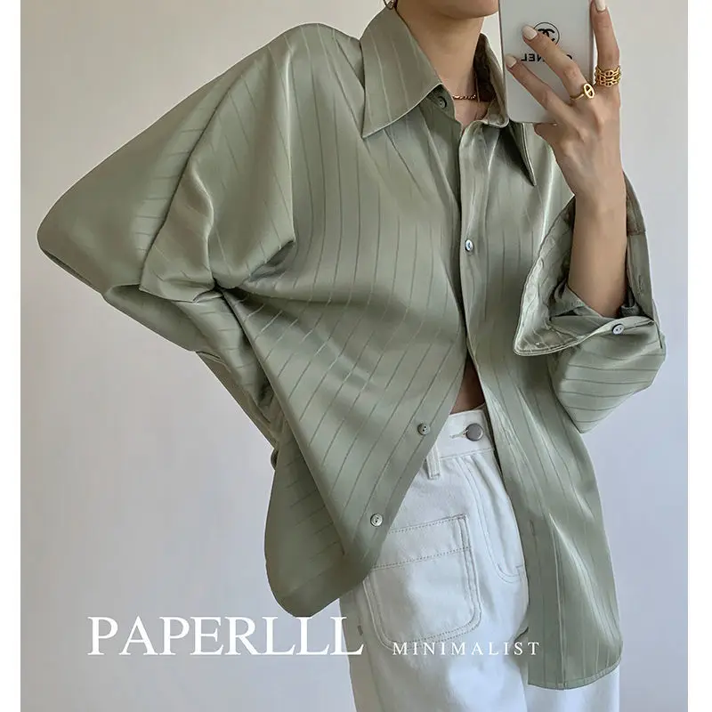 

Spring 2022 Women's Silk Shirts Vintage Shirts Women's Sheer Tops Women's Long Sleeves Classic Striped Shirts Plus Size Women's