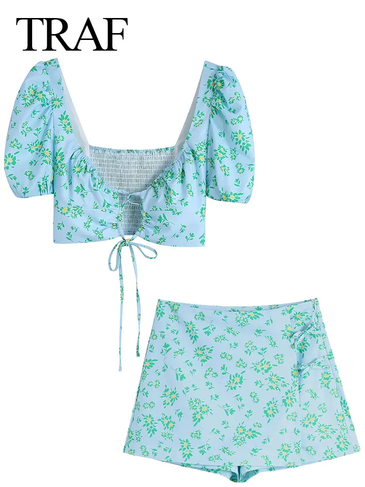 

TRAF Summer Ladies Skirt Set Floral Print Puff Sleeves Square Neck Lace Up Bow Backless Elastic Crop Top + Slim Sexy Short Skirt