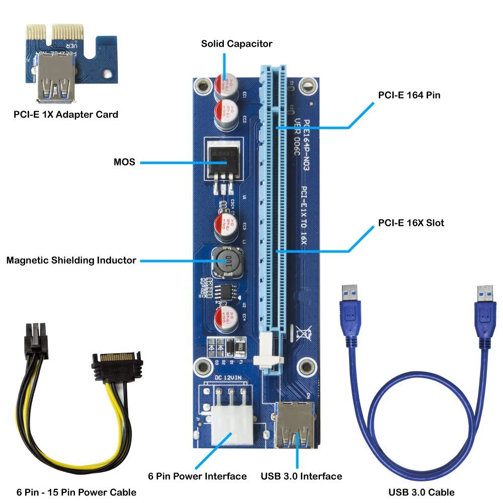 006C PCIe Riser Card USB3.0 Карта адаптера 1X до 16X Удлинительный кабель для карты изображения
