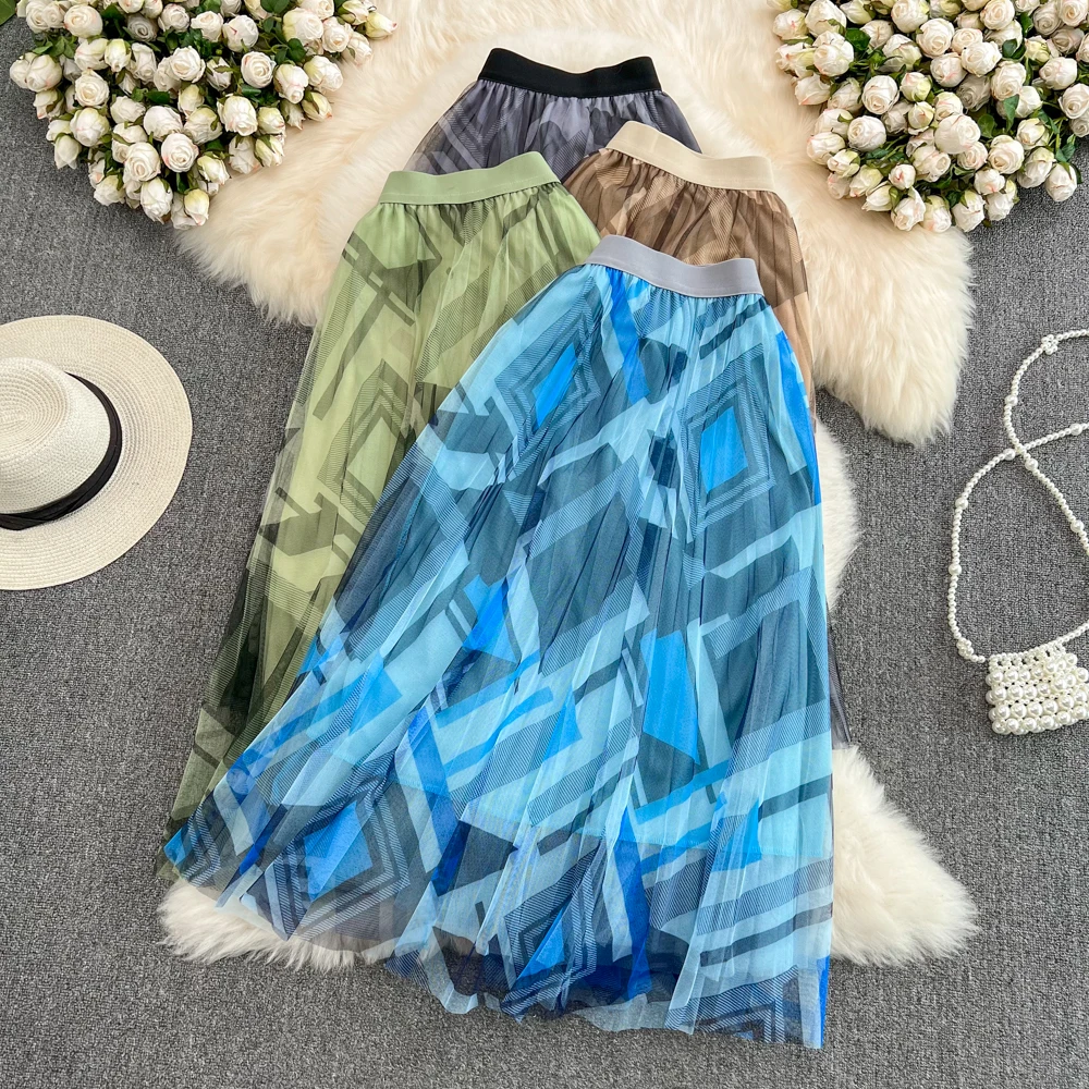 

Summer Woman Mesh Skirts Costumes Elastic Waist Mid-Calf Mixed Color Fashion Female Clothing New Arrival