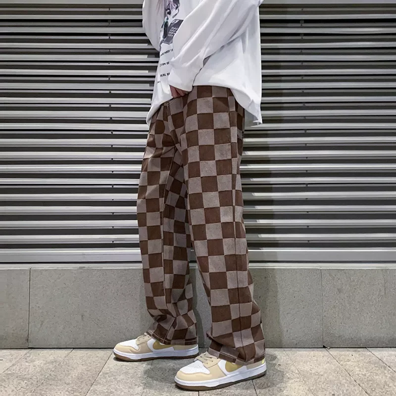 

2022NEW Spring New Men's Brown Check Print Baggy Jeans Korean Fashion Streetwear Denim Straight Pants Male Brand Trousers