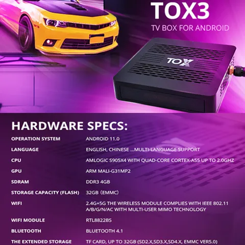 ТВ-приставка TOX3, Amlogic S905X4, Android 11, 4 + 32 ГБ, Wi-Fi 1000 ГГц