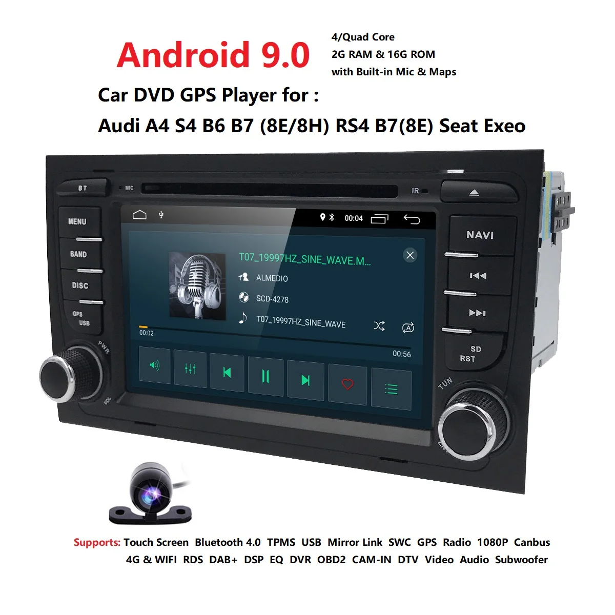 Автомагнитола 2DIN DSP IPS Android 9.0 2G 16G GPS для Audi A4 B6 B7 S4 RS4 SEAT Exeo DVD плеер OBD2 CANBUS WIFI