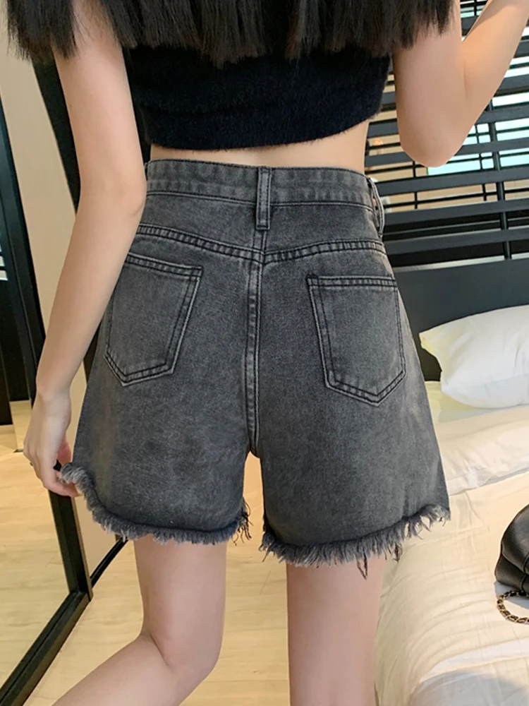 Summer Women Retro Raw Hem Loose Denim Shorts Streetwear Female High Waist Button Asymmetrical Jeans Shorts Bottoms