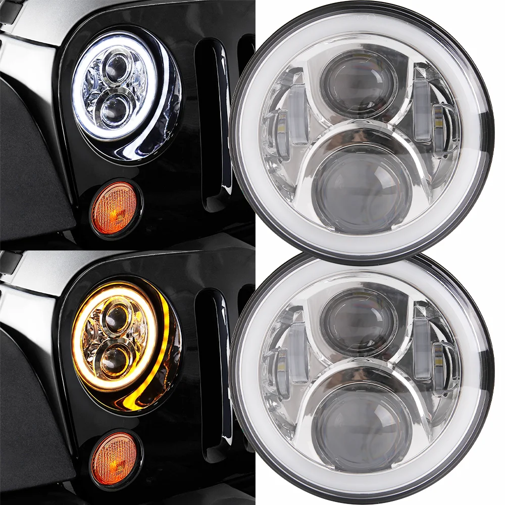 

2Pcs 7 Inch CAR Led Headlight DRL Land Round With Yellow & White Angel Eye For Jeep Wrangler JK JKU Lada Niva 4x4 CAR Headlights