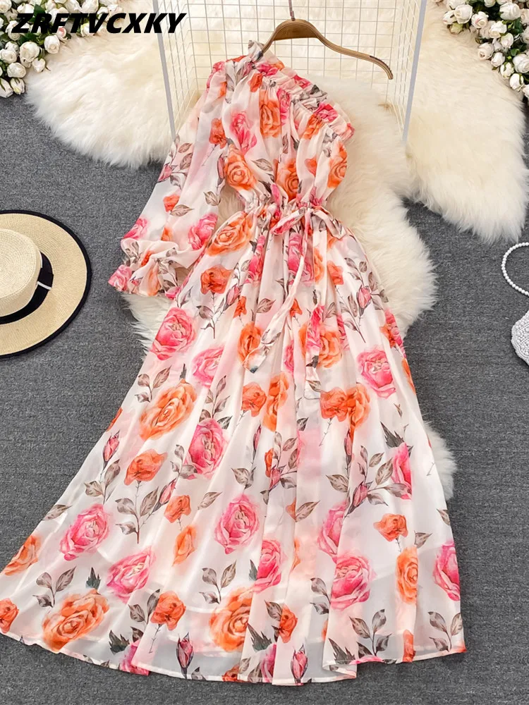 

Платье ZRFTVCXKY женское шифоновое с открытыми плечами, Свободное длинное праздничное платье в стиле бохо с оборками и расклешенным длинным рук...