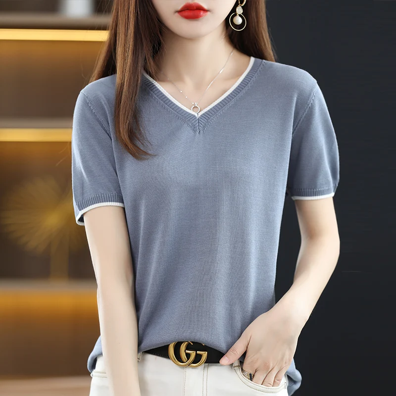 

2022 Hot Sale Women Summer Korean Loose Ice Thin Coat Tops Women's Fashion V-Neck Short Sleeve Knitted Pullover Beach Black