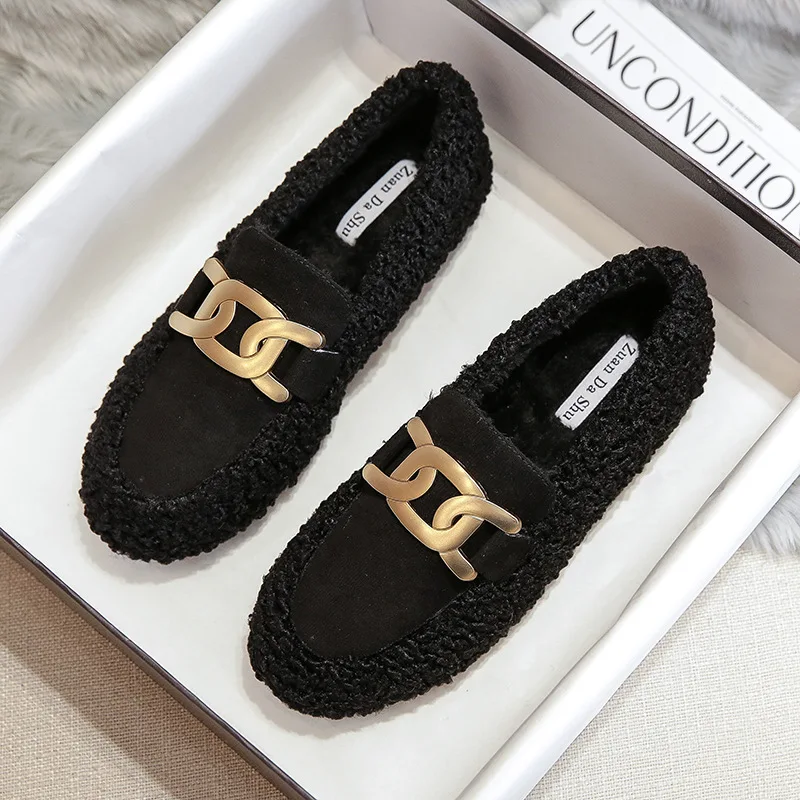 Women Lambswool Plush Cotton Fur Flats Boots Winter Brand Chain Loafers Femme Comfy Moccasin Pregnant Big Size 41/42 Shoes