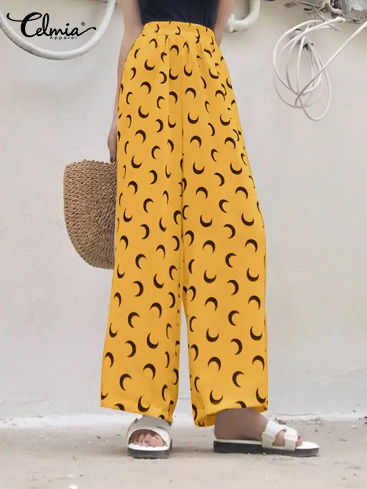 

Women's Summer Wide Leg Pants Celmia 2022 Fashion High Waist Long Trousers Causal Moon Printing Harem Pants Streetwear Pantalon