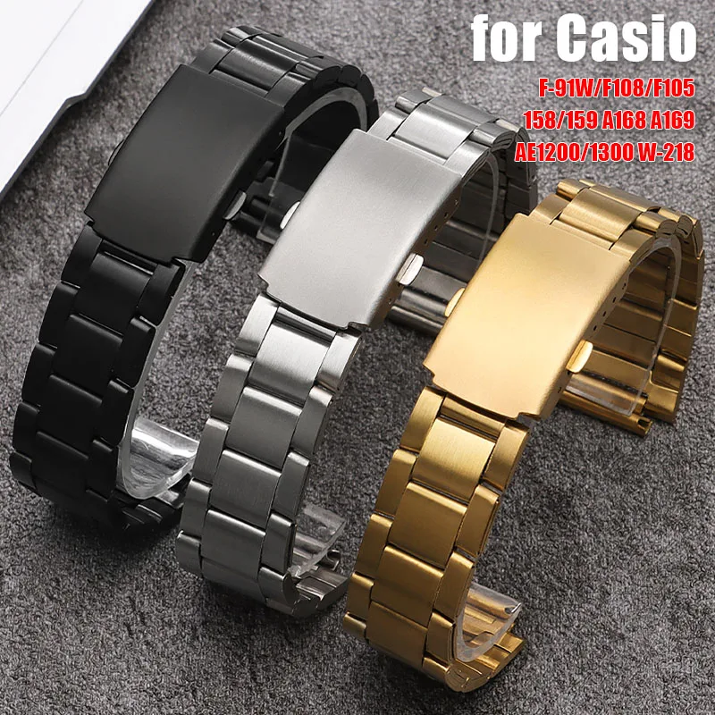 Фото Ремешок из нержавеющей стали для Casio F-108/W-218 F91W F84 W-800H SGW400 AE-1200/1300, 18 мм, металлический ремешок для часов, браслет со складной пряжкой №1