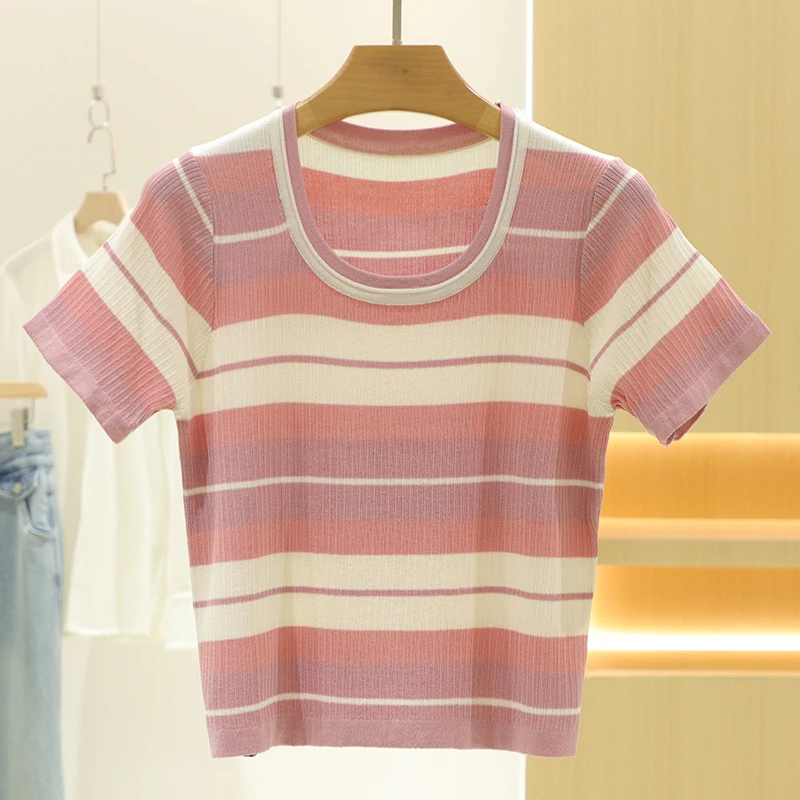 [Mo] Модный утягивающий универсальный вязаный топ с короткими рукавами и круглым