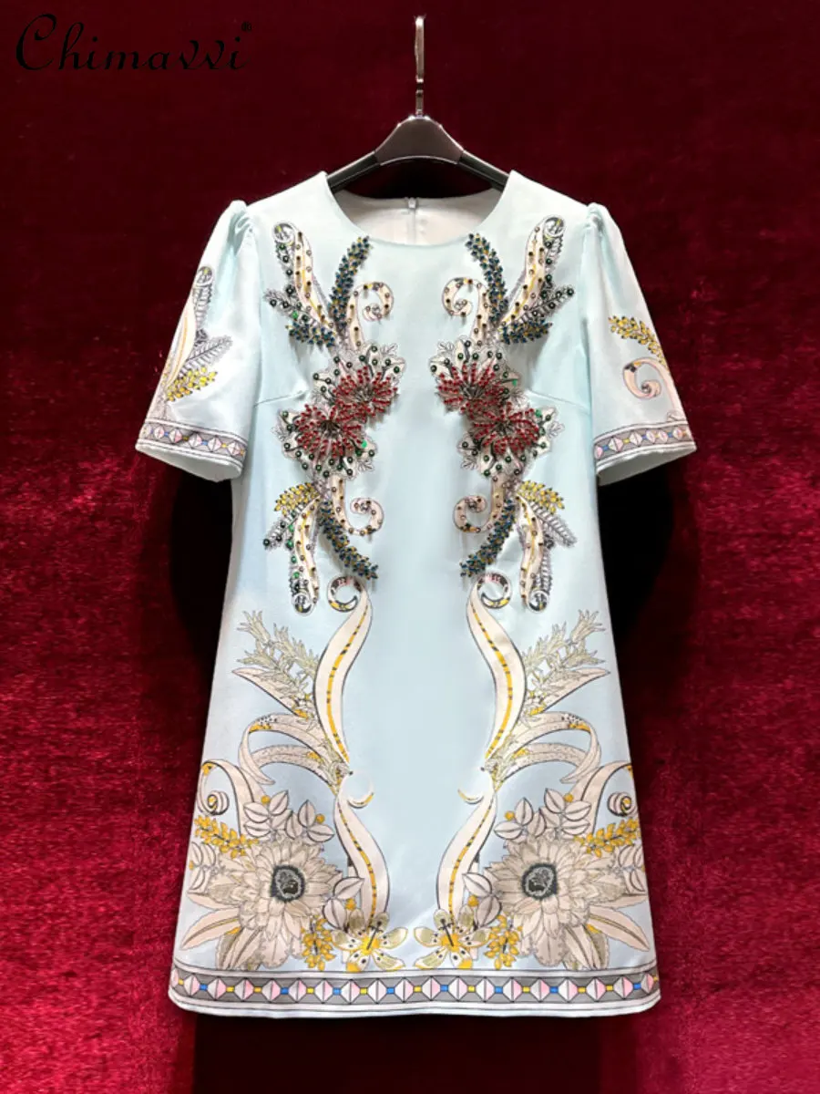 Heavy Luxury Slimming Elegant Dress for Women 2023 Summer New Fashion Round Neck Short Sleeve Loose Short Dress Elegant Dress