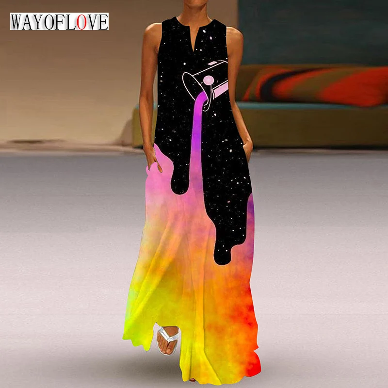 

WAYOFLOVE Ladies Spring Summer Long Dress Sleeveless V-neck Black Print Casual Beach Maxi Dresses Party Boho Elegant Dress Women