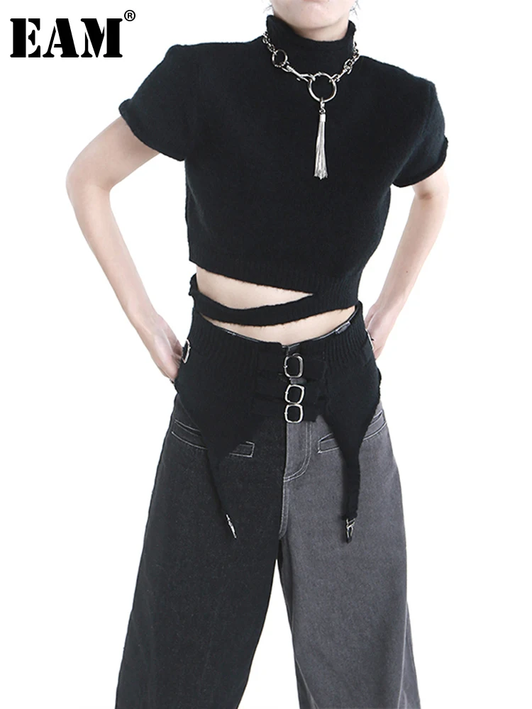 

[EAM] Women Black Slim Hollow Out Irregular T-shirt New Turtleneck Short Sleeve Fashion Tide Spring Autumn 2022 1DE2390