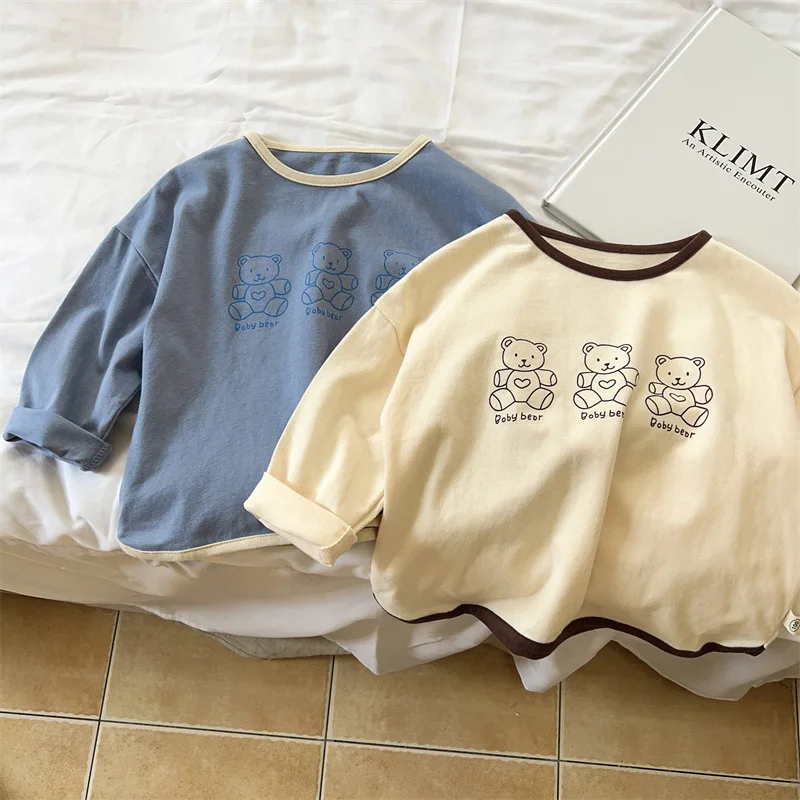 

Новинка 2023, Детская футболка из чистого хлопка, нижняя рубашка с мультяшным мишкой Тедди для мальчиков и девочек, детская одежда на весну и осень