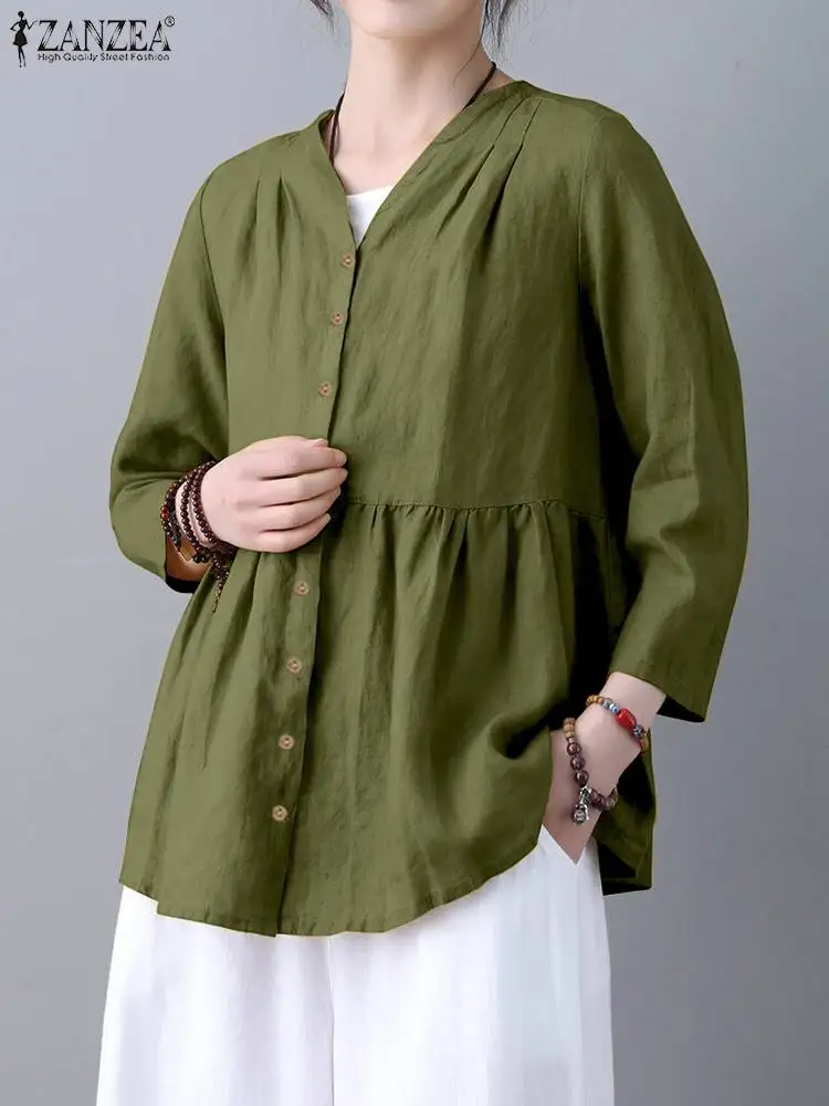 

ZANZEA Fashion Cotton Blouse Pleated Autumn 3/4 Sleeve O Neck Shirt Woman Casual Tunic Tops Female Holiday Chemise Oversize 2023