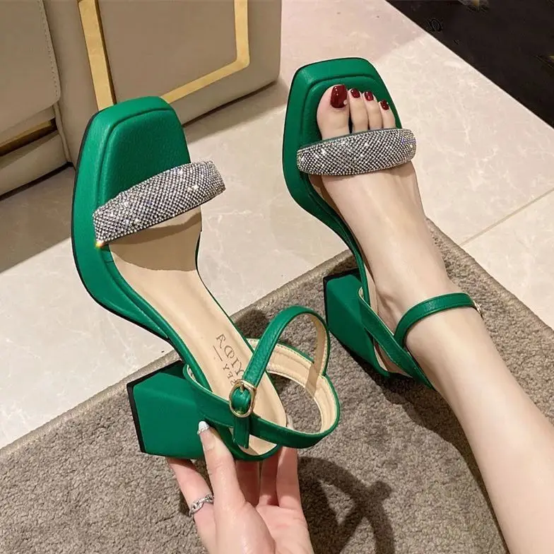 

yellow green rhinestones Platform sandals women Chunky High Heels Women Shoes Elegant Party Lady Trendy Summer Ankle Strap Sanda