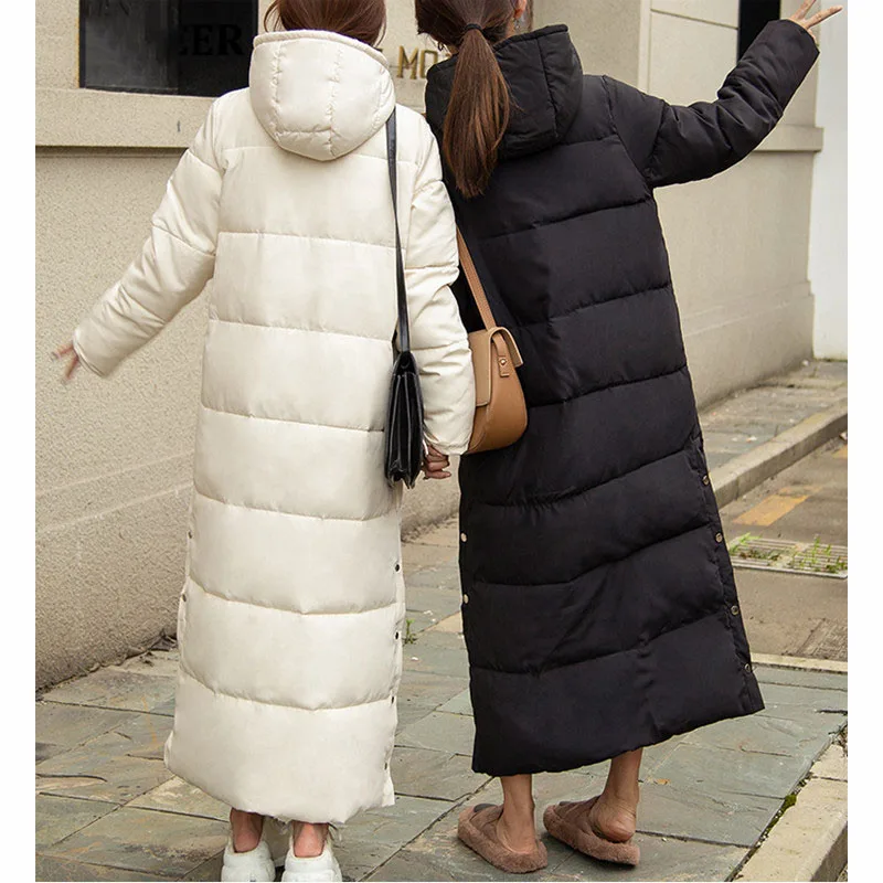 Over-the-knee Long Cotton Jacket Long-sleeved Women's Winter 2021 New Style Korean Fashion Slim Down Cotton Hooded Padded Coat