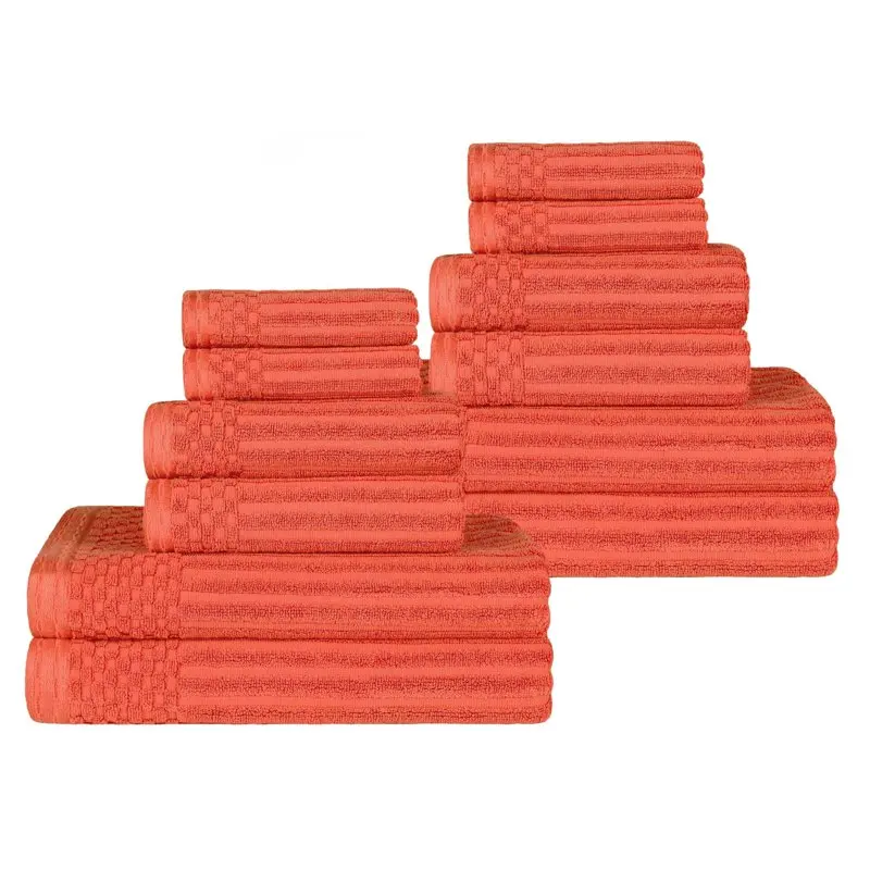 

Cotton Highly Absorbent 12-Piece Solid and Checkered Border Towel Set, Coral, by