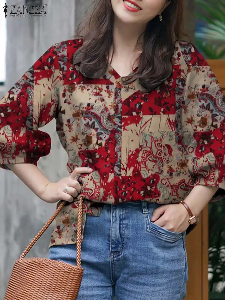 

Women Retro V Neck 3/4 Sleeve Cotton Blouse ZANZEA Summer Floral Printed Shirt Vintage Tunic Tops Casual Loose Blusas Chemise