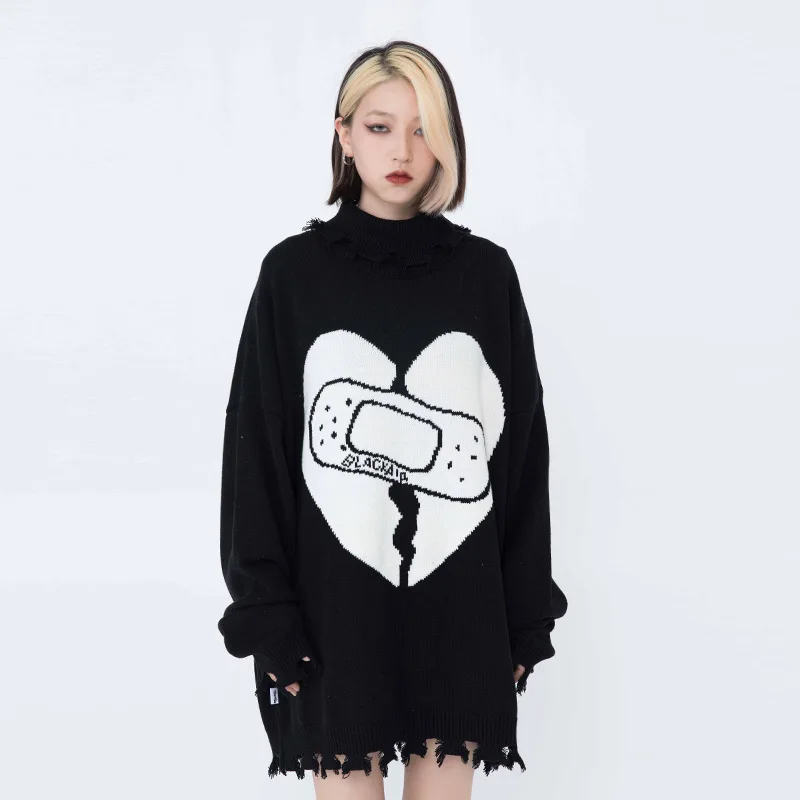 

Winter Knitted Harajuku Patch Sweater Punk Goth Women Casual Oversized Pullovers Sweaters Loose Irregular Warm Jumper Streetwear