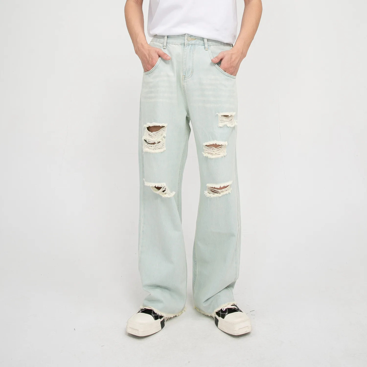 Джинсы мужские прямые свободные повседневные потертые широкие брюки из денима