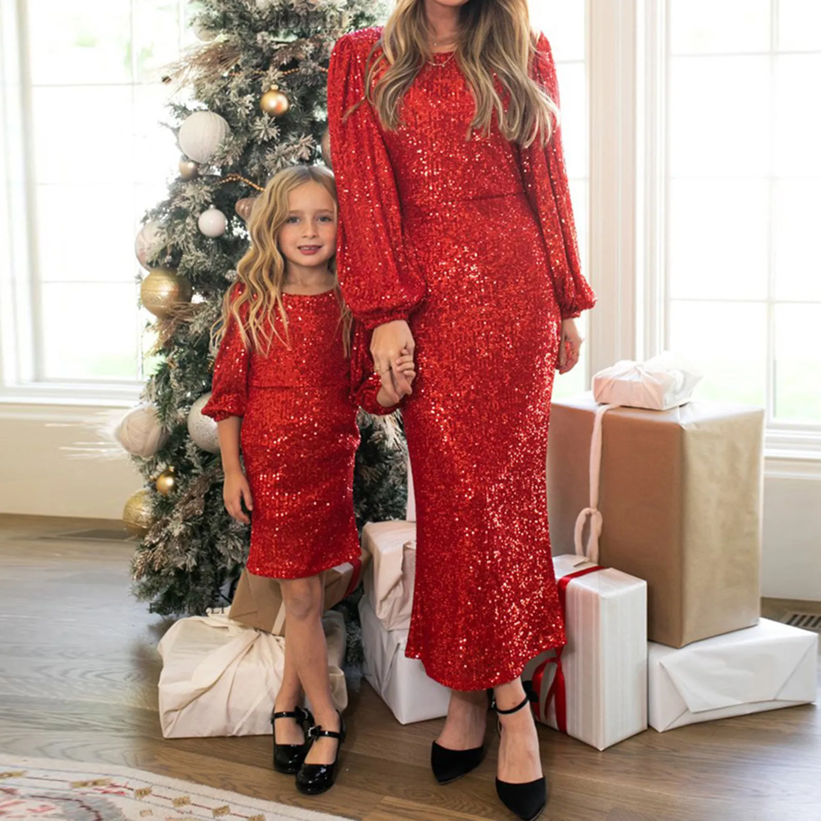 

Mother and Girls Party Outfits Elegant Glitter Sequin Long Dress Mother-Daughter Wear Autumn Winter Fashion Clothes Vestidos