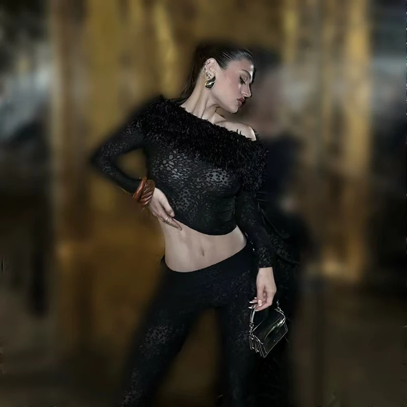 Зима 2024 новый продукт элегантный топ на одно плечо с волосатым зрелым принтом и