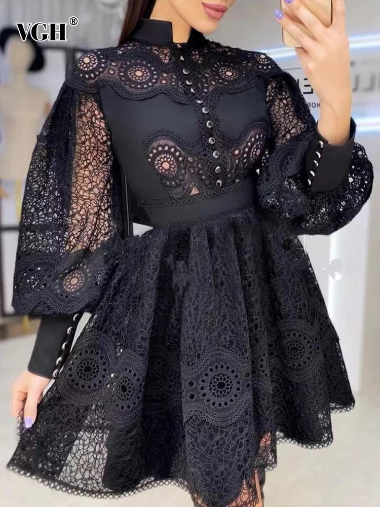 

VGH Vintage Patchwork Embroidery Dress For Women Stand Collar Lantern Sleeve Cut Out Solid Mini Dresses Female Spring Clothing