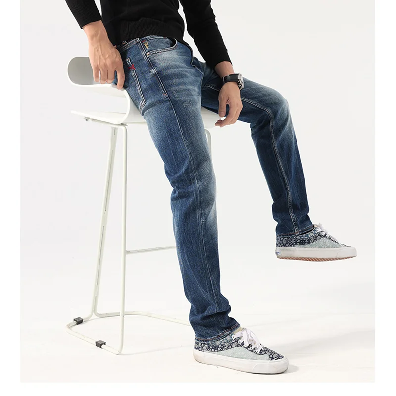 Streetwear Men 2022 Autumn and Winter New Pattern Self-cultivation Elastic Force Pencil Pants Recreational Blue Jeans Female