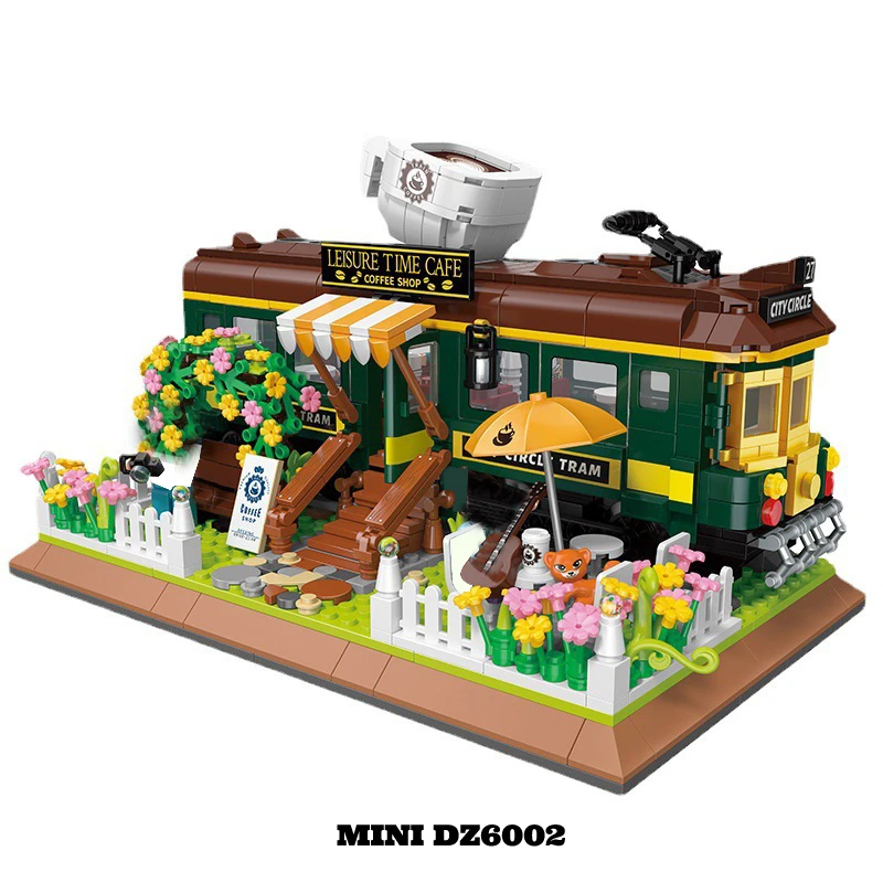

New Miniature Street View Store Cafe Train Coffee Shop Friend DIY Model Mini Micro Building Blocks For Girls Christmas Gifts