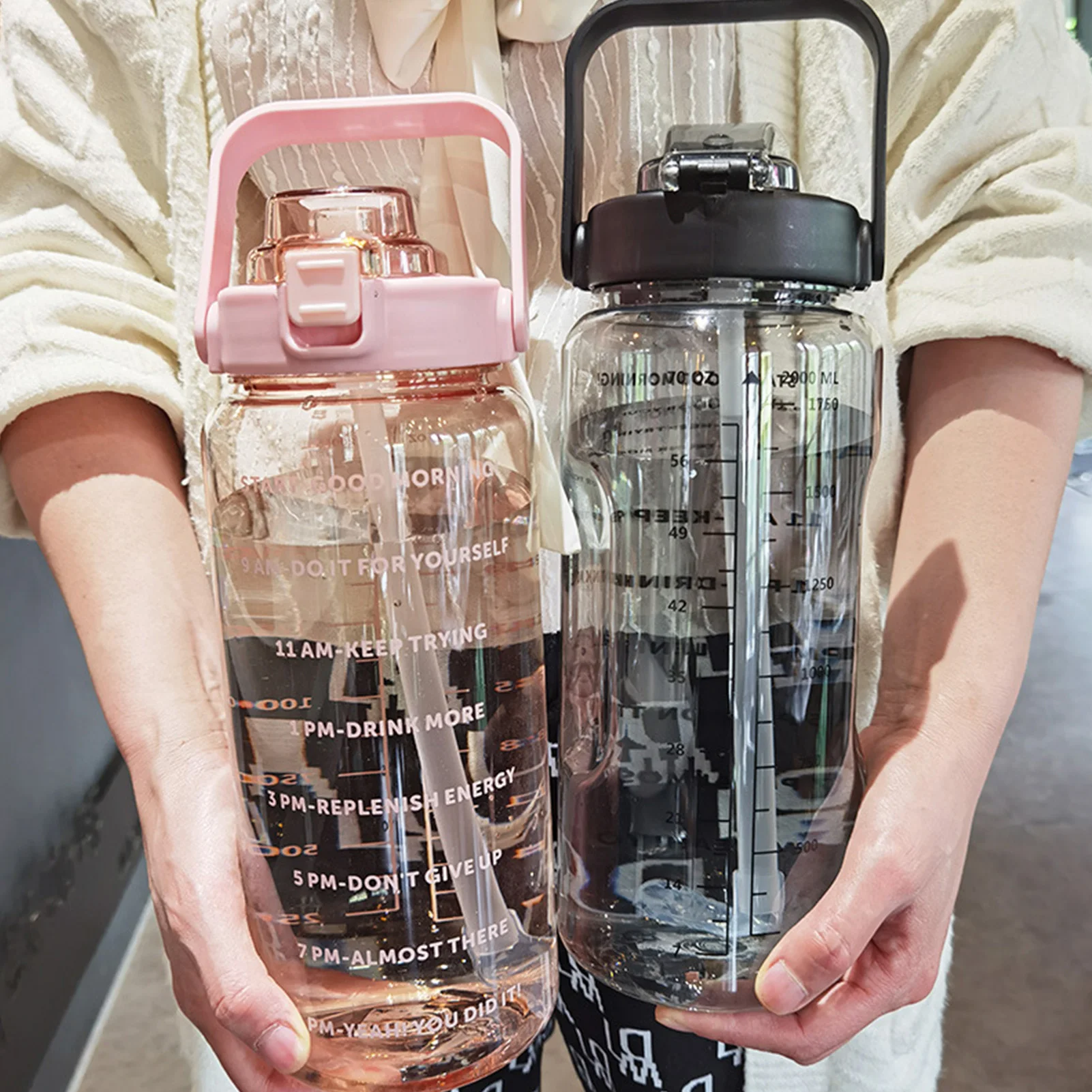 

Портативные бутылки для воды большой емкости, Спортивная бутылка для воды объемом 2 л с соломинкой, чашка для фитнеса и велосипеда, летняя с маркером времени