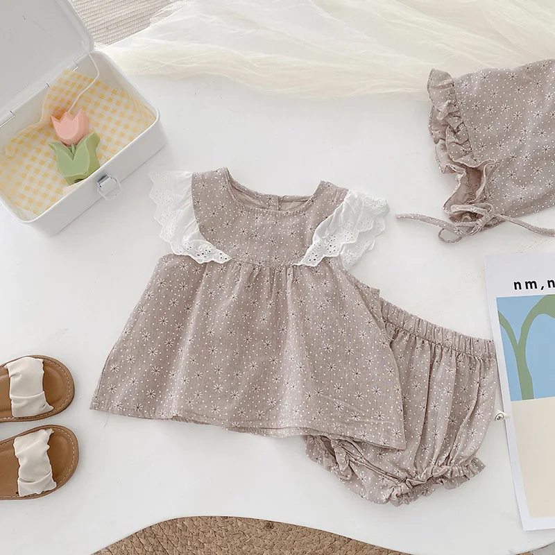 

3pcs/set Children Summer Clothes Baby Girl Floral Sleeveless Top + Bread Pants Bloomers + Hat Clothing Shorts Suit Baby Rompers