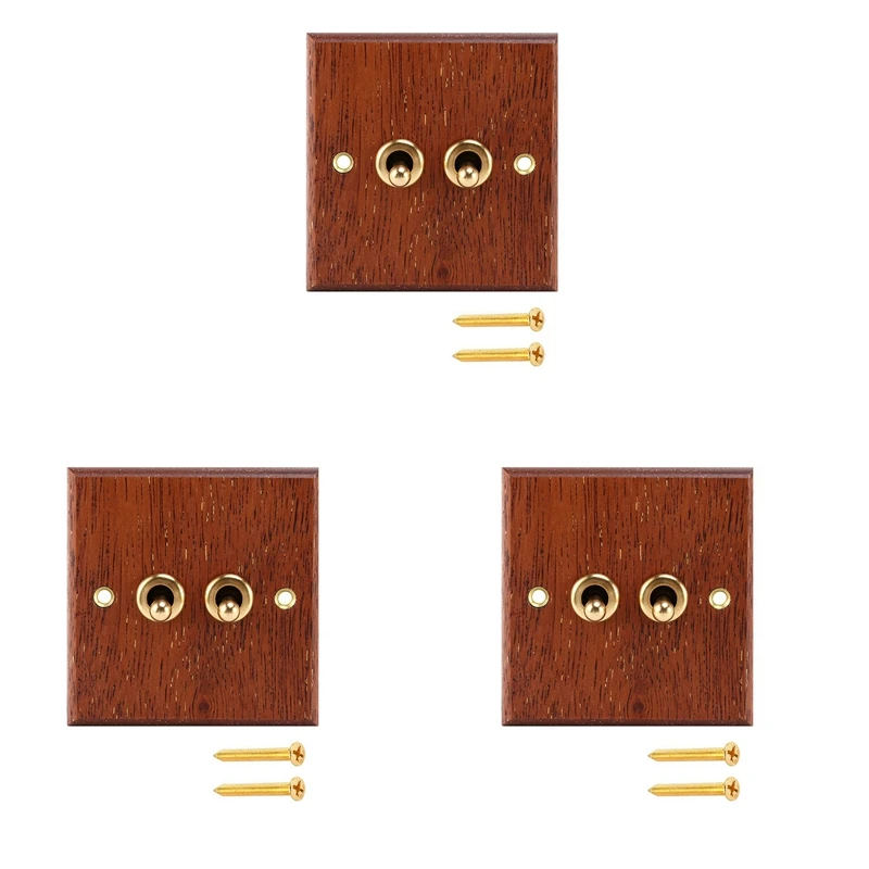 

3X 86 Type Solid Wood Panel Switch Wall Light Retro Brass Toggle Switch Wood Grain Electrical Switch Socket 2- Switch