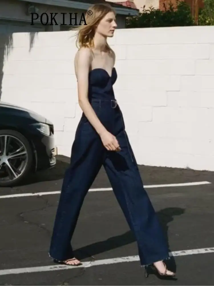 

Pokiha Новый Модный женский без бретелек с открытыми плечами с поясом корсет пляжный костюм винтажный боковой карман на молнии сзади женские комбинезоны Mujer