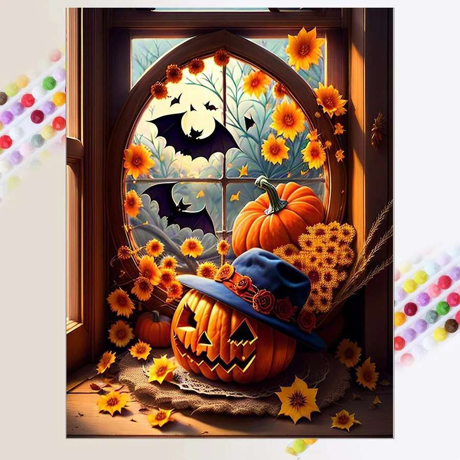 DIY Алмазная Живопись Хэллоуин Тема Черная Летучая Мышь Голова Тыквы Круглая