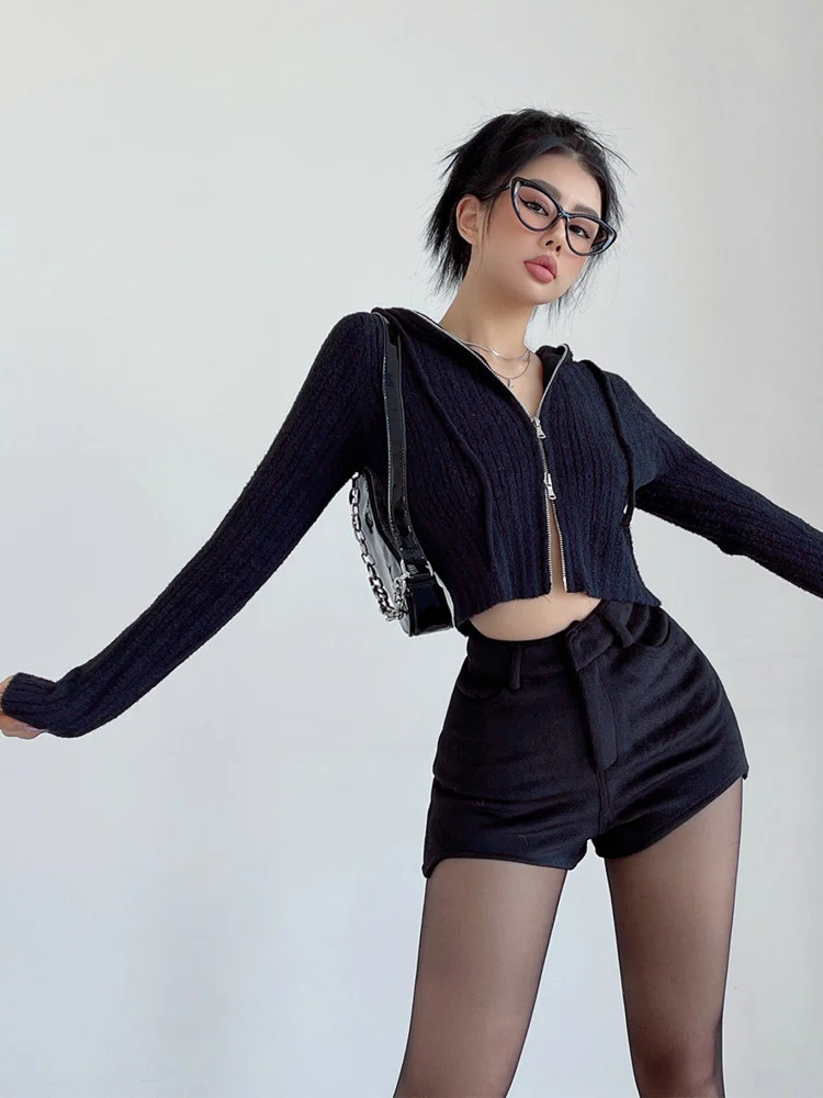 

Двойной милый облегающий вязаный кардиган из мохера на молнии с капюшоном, короткий облегающий свитер с длинным рукавом, модные женские топ...