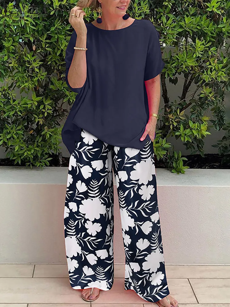 

2pcs Women Bohemian Tracksuit Outifits Fashion Summer Casual Beach Matching Sets Loose Floral Printed Wide Leg Pants Sets ZANZEA