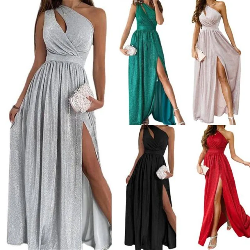 

2022 New Women's summer Sleeveless Slant-shouldered slim-fitting Dress Sparkly sexy full-length slit cocktail Party dress 4A042